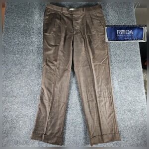 Reda Wool Dress Pants Men's 40x33 Brown Plaid Super 120's Classy Trousers